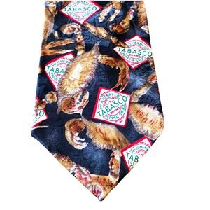 Mens Silk Tie Tabasco & Crabs Lobster Seafood Hot Sauce Graphic Print Retro Dad